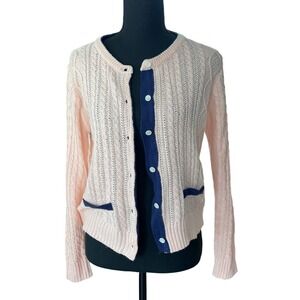 Womens Cardigan Pink Navy Trim Button Front Pockets Dainty Grandmacore Preppy